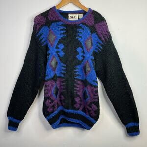 Vintage 80s Chunky Knit Southwestern Slouchy Acrylic Leather Sweater mens XL